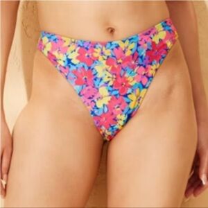 Pink blue yellow Floral Bikini Bottom-high Leg-Cheeky. Reversible-Blue Yellow Do